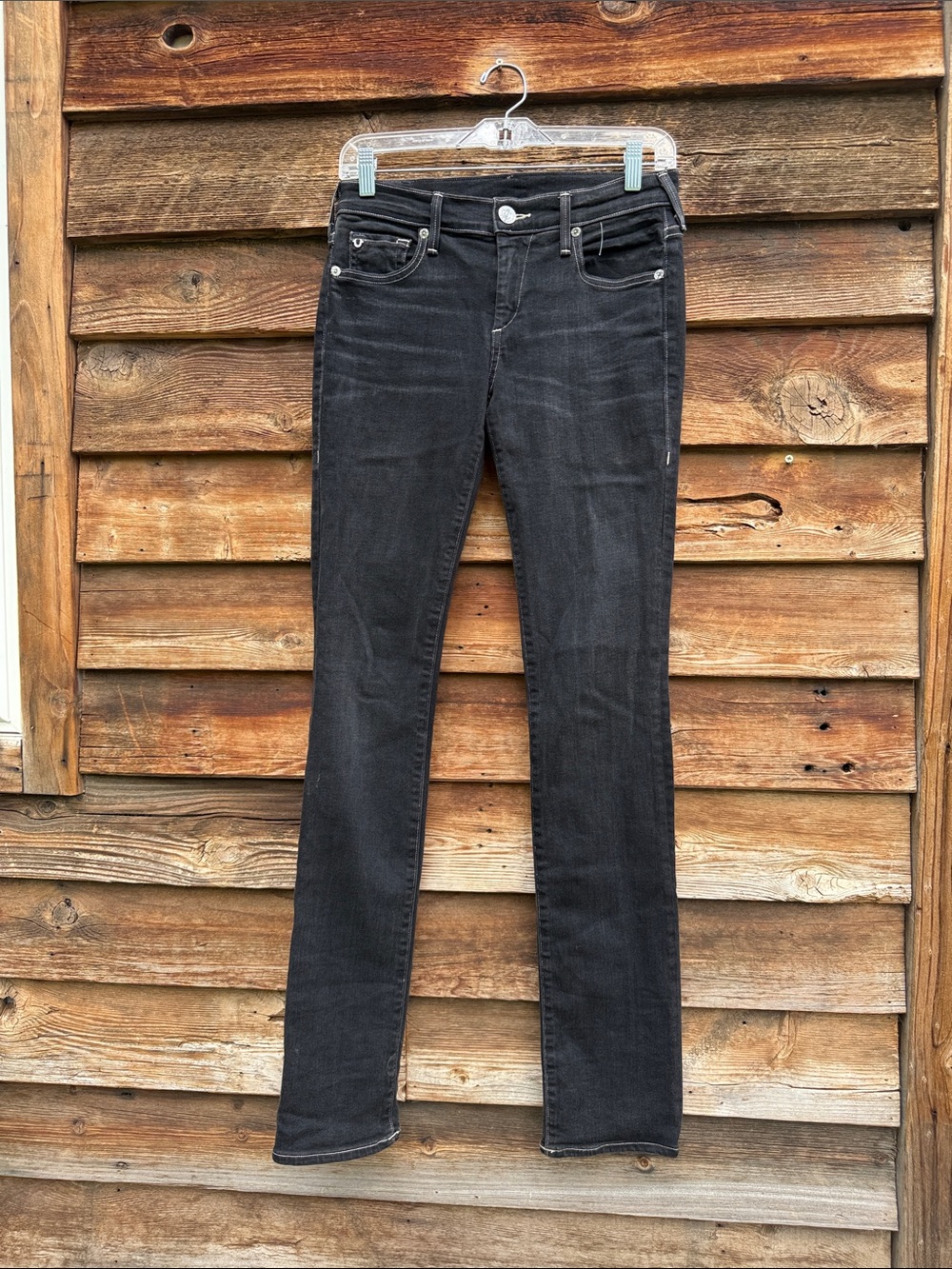 True religion cora mid rise straight jeans black with white stitching